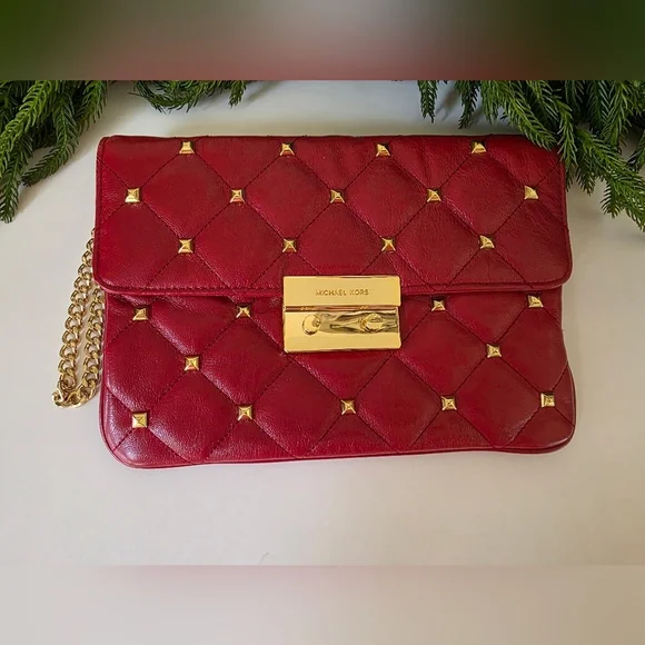 Michael Kors Sloan Quilted Leather Shoulder Bag- Red- Gold Chain Strap- Like New - Picture 12 of 16